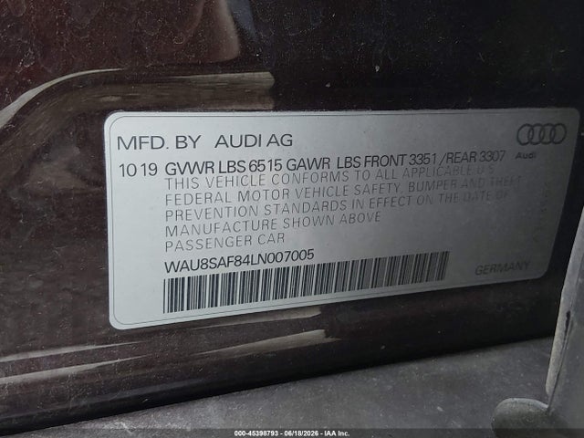45398793 :رقم المزاد ، WAU8SAF84LN007005 vin ، 2020 Audi S8 Tfsi Quattro Tiptronic مزاد بيع