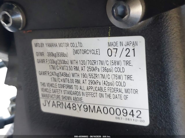 Aukcja sprzedaży 2021 Yamaha Mtn1000 C, vin: JYARN48Y9MA000942, numer aukcji: 45398802