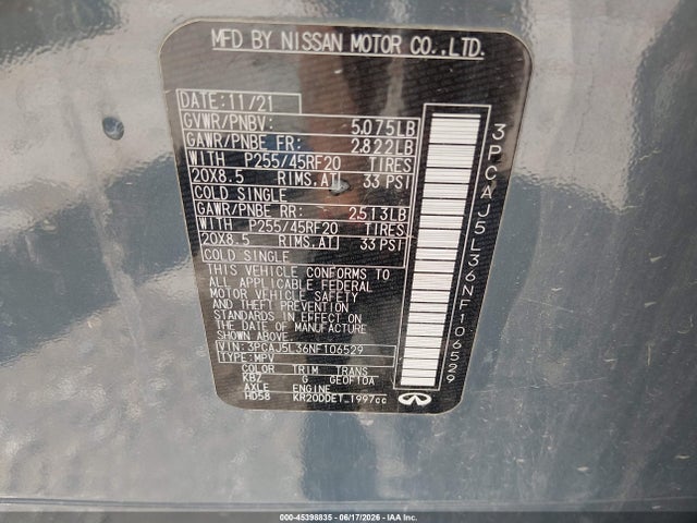 3PCAJ5L36NF106529 Infiniti Qx55 Sensory Awd