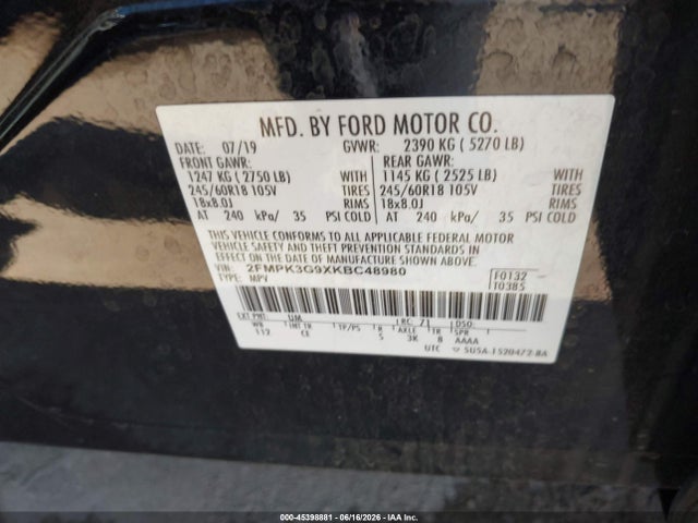 Aukcja sprzedaży 2019 Ford Edge Se, vin: 2FMPK3G9XKBC48980, numer aukcji: 45398881