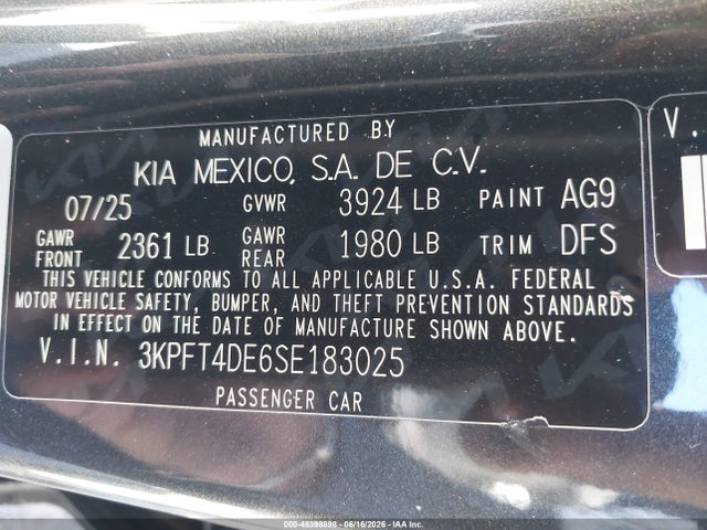 Aukcja sprzedaży 2025 Kia K4 Lxs, vin: 3KPFT4DE6SE183025, numer aukcji: 45398898