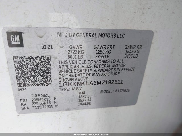 Продаж на аукціоні авто 2021 Gmc Acadia Fwd Sle, vin: 1GKKNKLA6MZ192511, номер лоту: 45398902