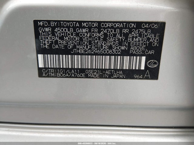 Aukcja sprzedaży 2006 Lexus Is 350, vin: JTHBE262965008302, numer aukcji: 45398933
