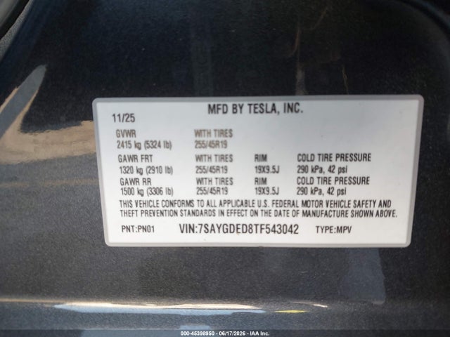 45398950 :رقم المزاد ، 7SAYGDED8TF543042 vin ، 2026 Tesla Model Y Premium Rear-wheel Drive/rear-wheel Drive مزاد بيع