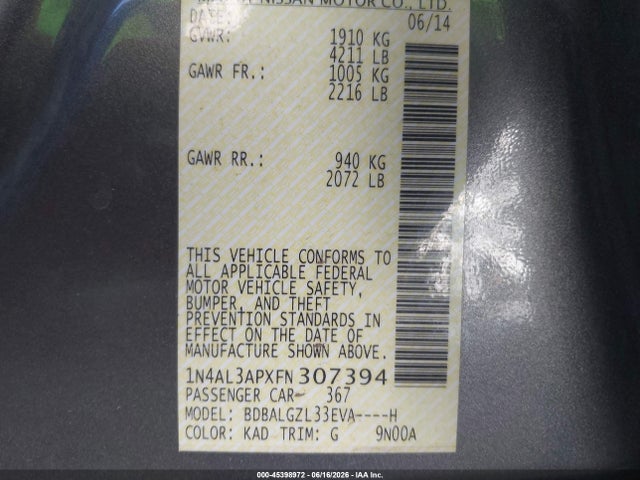 Aukcja sprzedaży 2015 Nissan Altima 2.5 S, vin: 1N4AL3APXFN307394, numer aukcji: 45398972