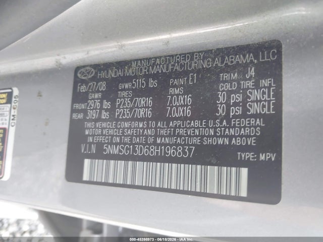 45398973 :رقم المزاد ، 5NMSG13D68H196837 vin ، 2008 Hyundai Santa Fe Gls مزاد بيع