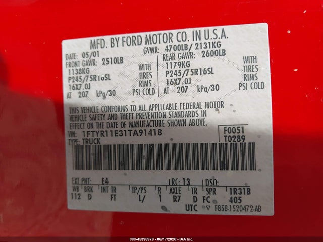 2001 Ford Ranger Edge მანქანა იყიდება აუქციონზე, vin: 1FTYR11E31TA91418, აუქციონის ნომერი: 45398978