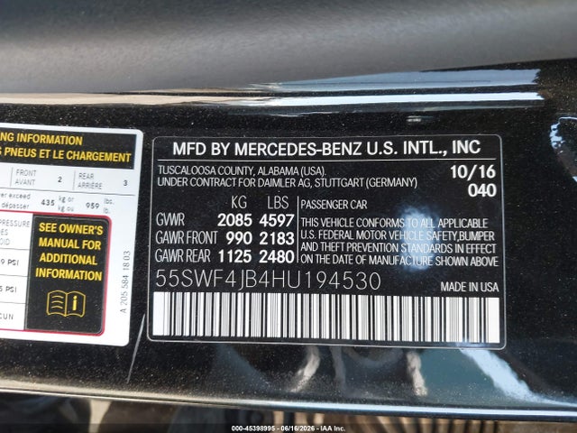 Aukcja sprzedaży 2017 Mercedes-benz C 300, vin: 55SWF4JB4HU194530, numer aukcji: 45398995