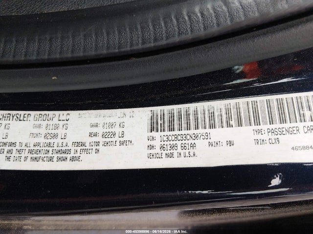 45398996 :رقم المزاد ، 1C3CCBCB3CN307591 vin ، 2012 Chrysler 200 Limited مزاد بيع