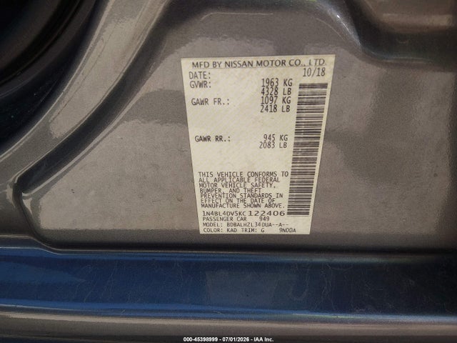 Auction sale of the 2019 Nissan Altima 2.5 Sv, vin: 1N4BL4DV5KC122406, lot number: 45398999