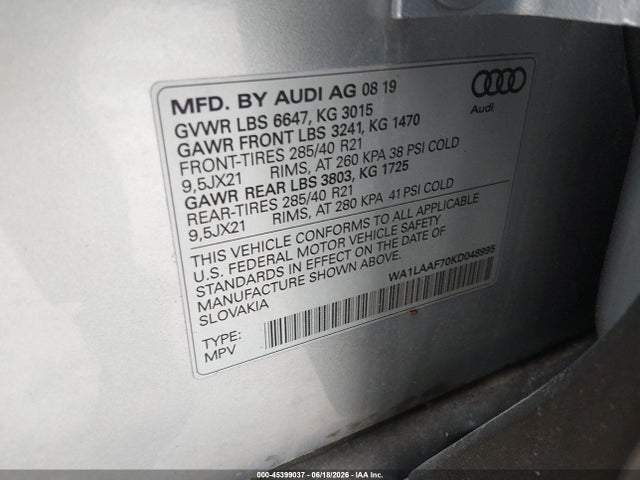 Aukcja sprzedaży 2019 Audi Q7 55 Premium, vin: WA1LAAF70KD048995, numer aukcji: 45399037