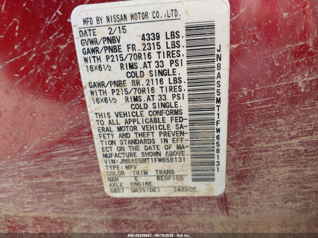 45399062 :رقم المزاد ، JN8AS5MT1FW658131 vin ، 2015 Nissan Rogue Select S مزاد بيع