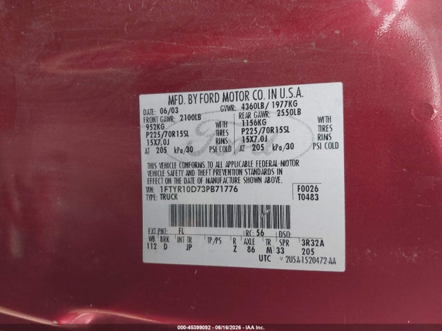 Продаж на аукціоні авто 2003 Ford Ranger Xl/xlt, vin: 1FTYR10D73PB71776, номер лоту: 45399092