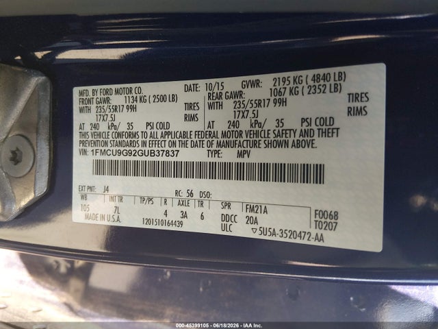 Ford ESCAPE SE 2016 1FMCU9G92GUB37837 Image 9