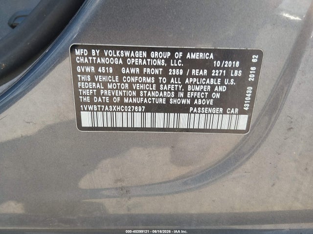 Aukcja sprzedaży 2017 Volkswagen Passat 1.8t Se, vin: 1VWBT7A3XHC027697, numer aukcji: 45399121