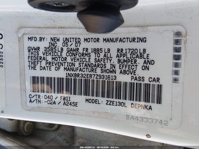 Aukcja sprzedaży 2007 Toyota Corolla Le, vin: 1NXBR32E87Z931613, numer aukcji: 45399133