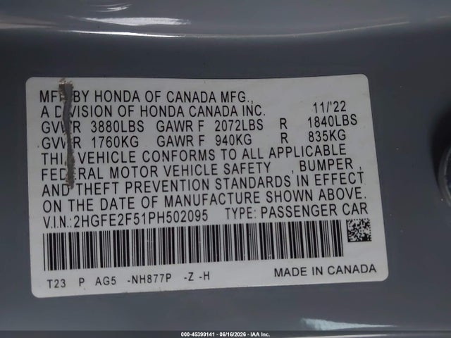 2HGFE2F51PH502095 Honda Civic Sport