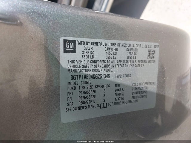 45399147 :رقم المزاد ، 3GTP1VE04CG251346 vin ، 2012 Gmc Sierra 1500 Sle مزاد بيع