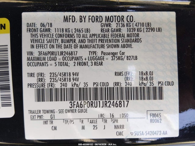 Продажа на аукционе авто 2018 Ford Fusion Hybrid Platinum/titanium, vin: 3FA6P0RU1JR246817, номер лота: 45399152