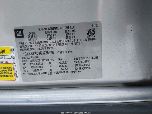 2016 Gmc Acadia Denali მანქანა იყიდება აუქციონზე, vin: 1GKKRTKD1GJ235600, აუქციონის ნომერი: 45399156