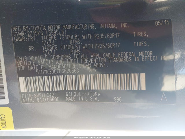 5TDYK3DC7FS620563 Toyota Sienna Xle Premium 8 Passenger