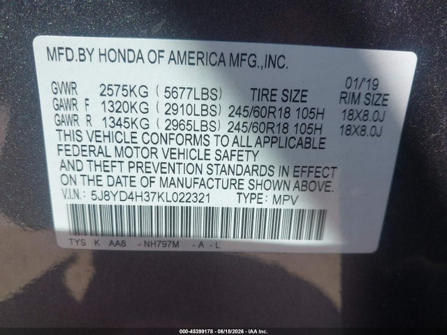 2019 Acura Mdx Standard მანქანა იყიდება აუქციონზე, vin: 5J8YD4H37KL022321, აუქციონის ნომერი: 45399178