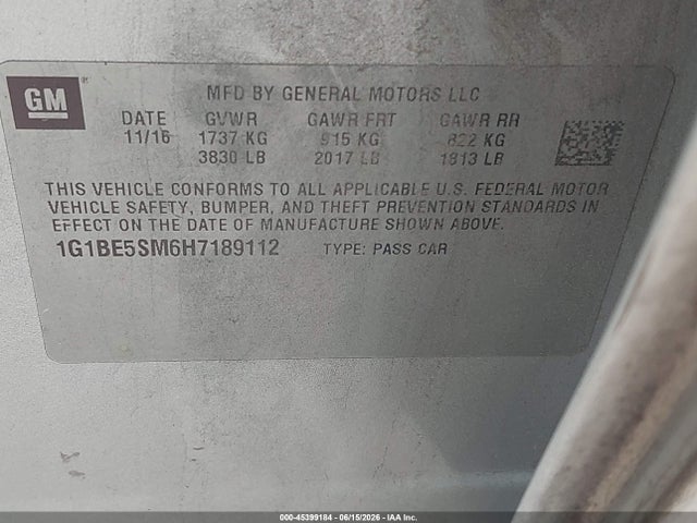 45399184 :رقم المزاد ، 1G1BE5SM6H7189112 vin ، 2017 Chevrolet Cruze Lt Auto مزاد بيع
