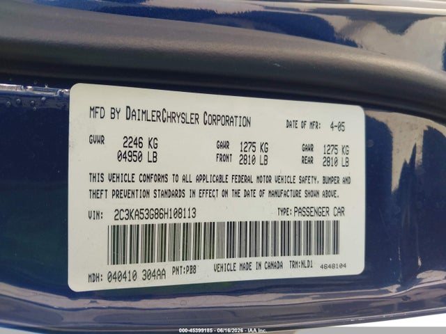 Продажа на аукционе авто 2006 Chrysler 300 Touring, vin: 2C3KA53G86H108113, номер лота: 45399185