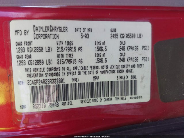 2003 Chrysler Town & Country მანქანა იყიდება აუქციონზე, vin: 2C4GP24R23R323801, აუქციონის ნომერი: 45399188