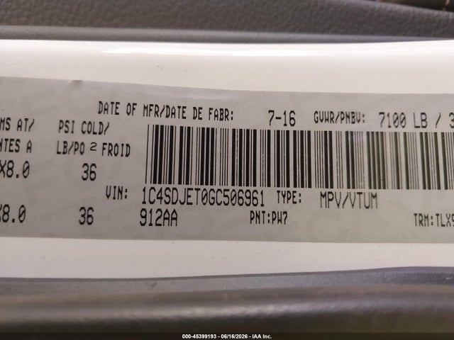 45399193 :رقم المزاد ، 1C4SDJET0GC506961 vin ، 2016 Dodge Durango Citadel مزاد بيع