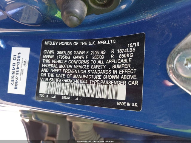 Honda CIVIC EX 2019 SHHFK7H63KU401504 Image 9
