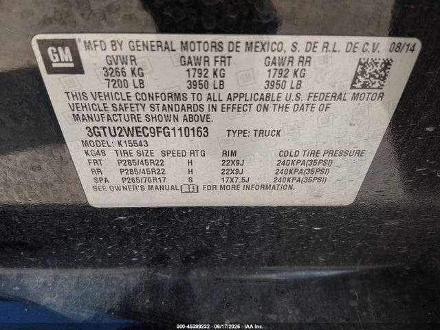 Продаж на аукціоні авто 2015 Gmc Sierra 1500 Denali, vin: 3GTU2WEC9FG110163, номер лоту: 45399232