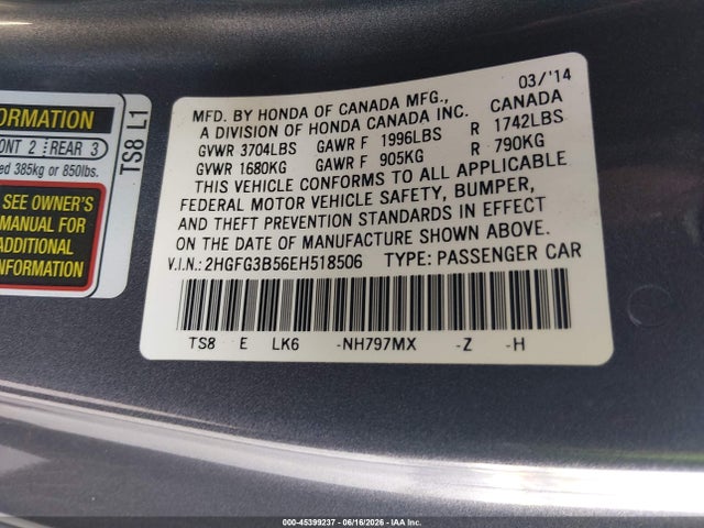45399237 :رقم المزاد ، 2HGFG3B56EH518506 vin ، 2014 Honda Civic Lx مزاد بيع