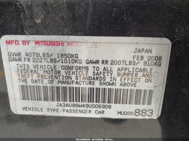 45399239 :رقم المزاد ، JA3AU86W49U006908 vin ، 2009 Mitsubishi Lancer Gts مزاد بيع