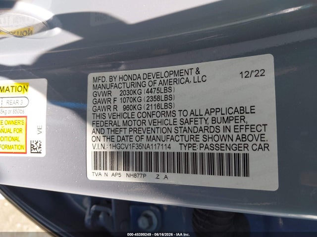 1HGCV1F35NA117114 Honda Accord Sport