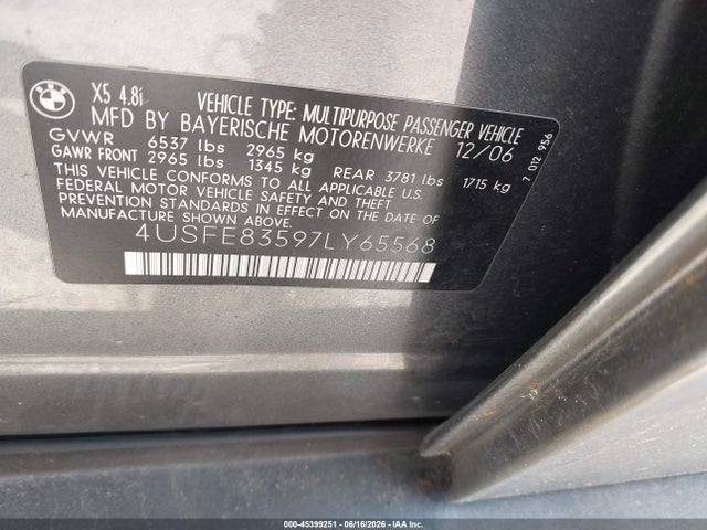 45399251 :رقم المزاد ، 4USFE83597LY65568 vin ، 2007 Bmw X5 4.8i مزاد بيع