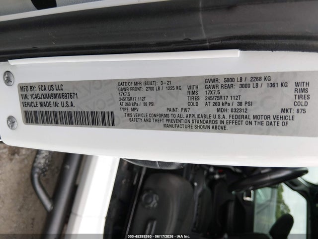 Продажа на аукционе авто 2021 Jeep Wrangler Islander 4x4, vin: 1C4GJXAN9MW697671, номер лота: 45399260