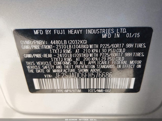 Aukcja sprzedaży 2015 Subaru Forester 2.5i Premium, vin: JF2SJADC6FH576686, numer aukcji: 45399269