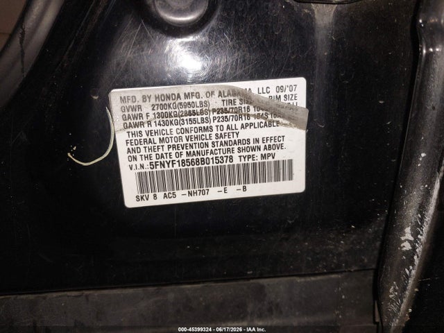 Продажа на аукционе авто 2008 Honda Pilot Ex-l, vin: 5FNYF18568B015378, номер лота: 45399324