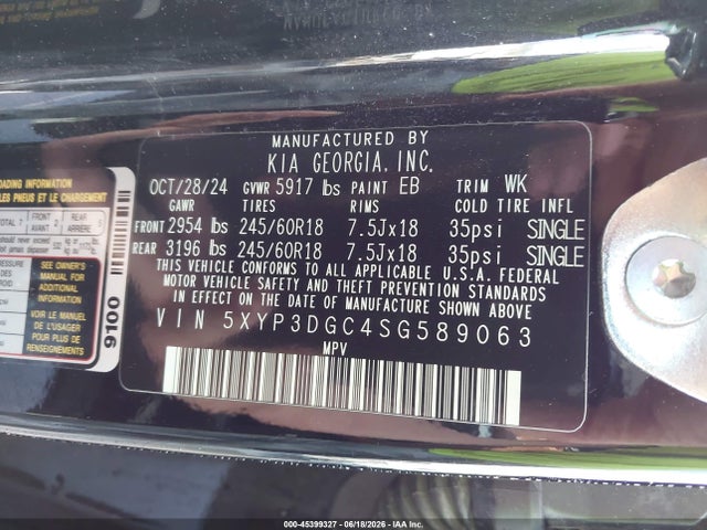 45399327 :رقم المزاد ، 5XYP3DGC4SG589063 vin ، 2025 Kia Telluride Ex X-pro مزاد بيع