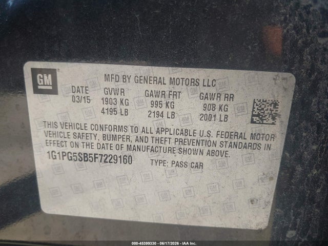 Aukcja sprzedaży 2015 Chevrolet Cruze Ltz, vin: 1G1PG5SB5F7229160, numer aukcji: 45399330