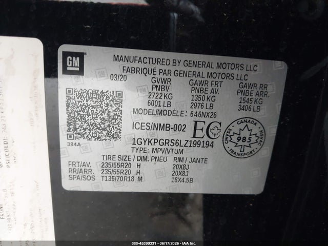 2020 Cadillac Xt6 Sport მანქანა იყიდება აუქციონზე, vin: 1GYKPGRS6LZ199194, აუქციონის ნომერი: 45399331