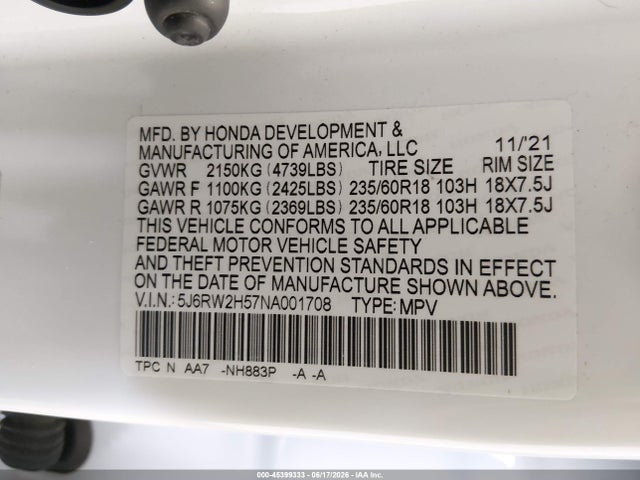 5J6RW2H57NA001708 Honda Cr-v Awd Ex