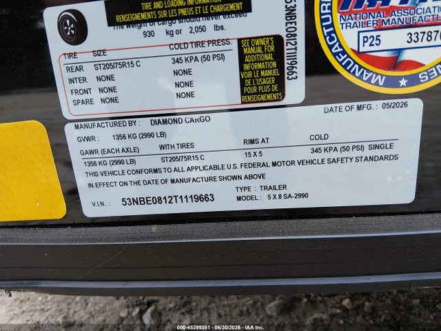 Cargo Enclosed Trailer 5x8 2026 53NBE0812T1119683 Image 9