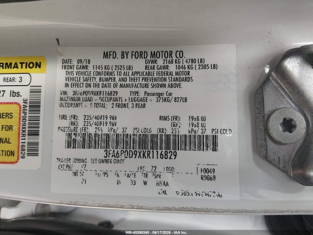 Ford Fusion Titanium 2019 3FA6P0D9XKR116829 Image 9