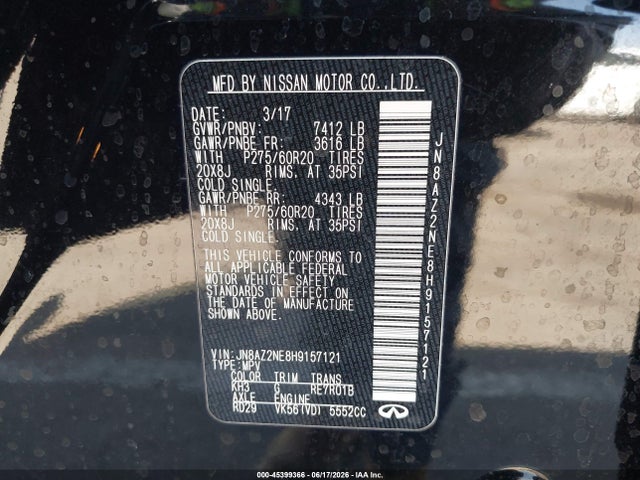 Aukcja sprzedaży 2017 Infiniti Qx80, vin: JN8AZ2NE8H9157121, numer aukcji: 45399366
