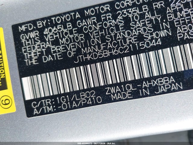 Aukcja sprzedaży 2012 Lexus Ct 200h Premium, vin: JTHKD5BH6C2115044, numer aukcji: 45399373
