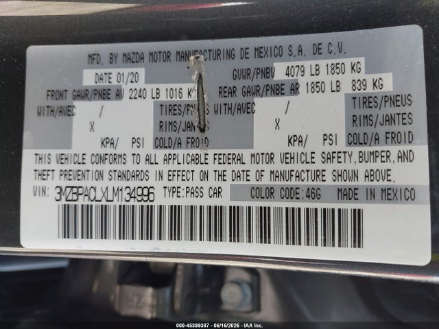 45399387 :رقم المزاد ، 3MZBPACLXLM134996 vin ، 2020 Mazda Mazda3 Select Package مزاد بيع