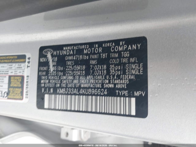 Aukcja sprzedaży 2019 Hyundai Tucson Sel, vin: KM8J33AL4KU896624, numer aukcji: 45399418