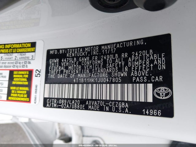 4T1B11HK1JU047805 Toyota CAMRY XLE